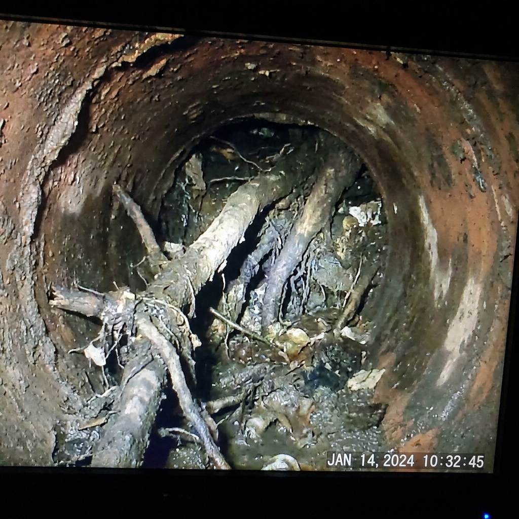 Root-choked sewer line before repair by WebÂ·Craft Plumbing